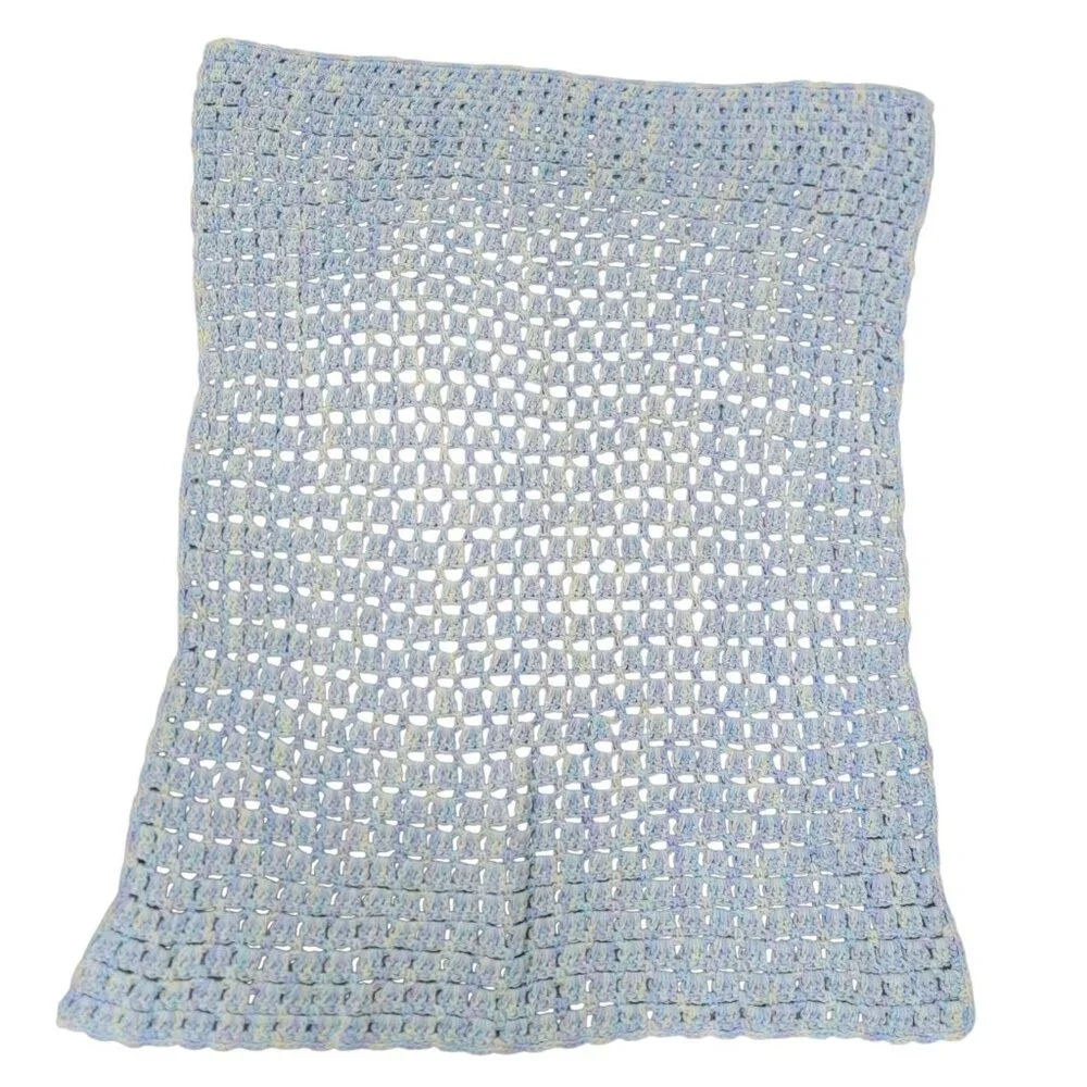 Vintage Baby Blanket Knit Pastel Plaid Open Weave Cotton Crib Blanket Nursery‎